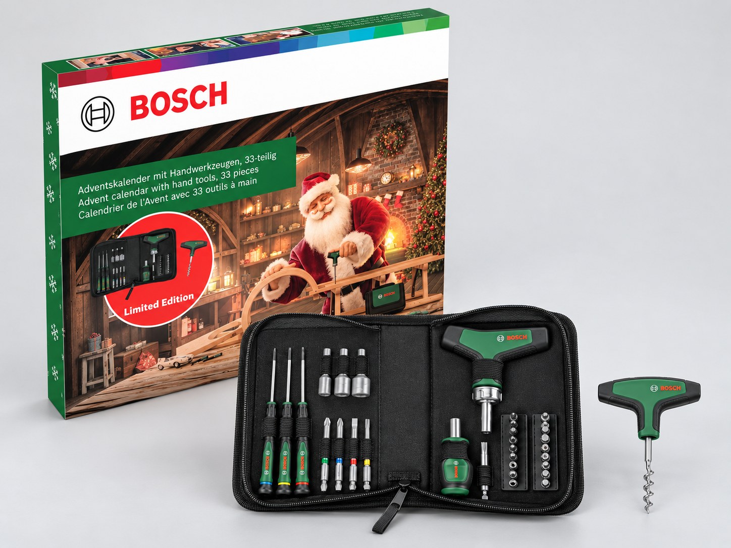 Adventní kalendář Bosch s 33 díly a ráčnovým šroubovákem