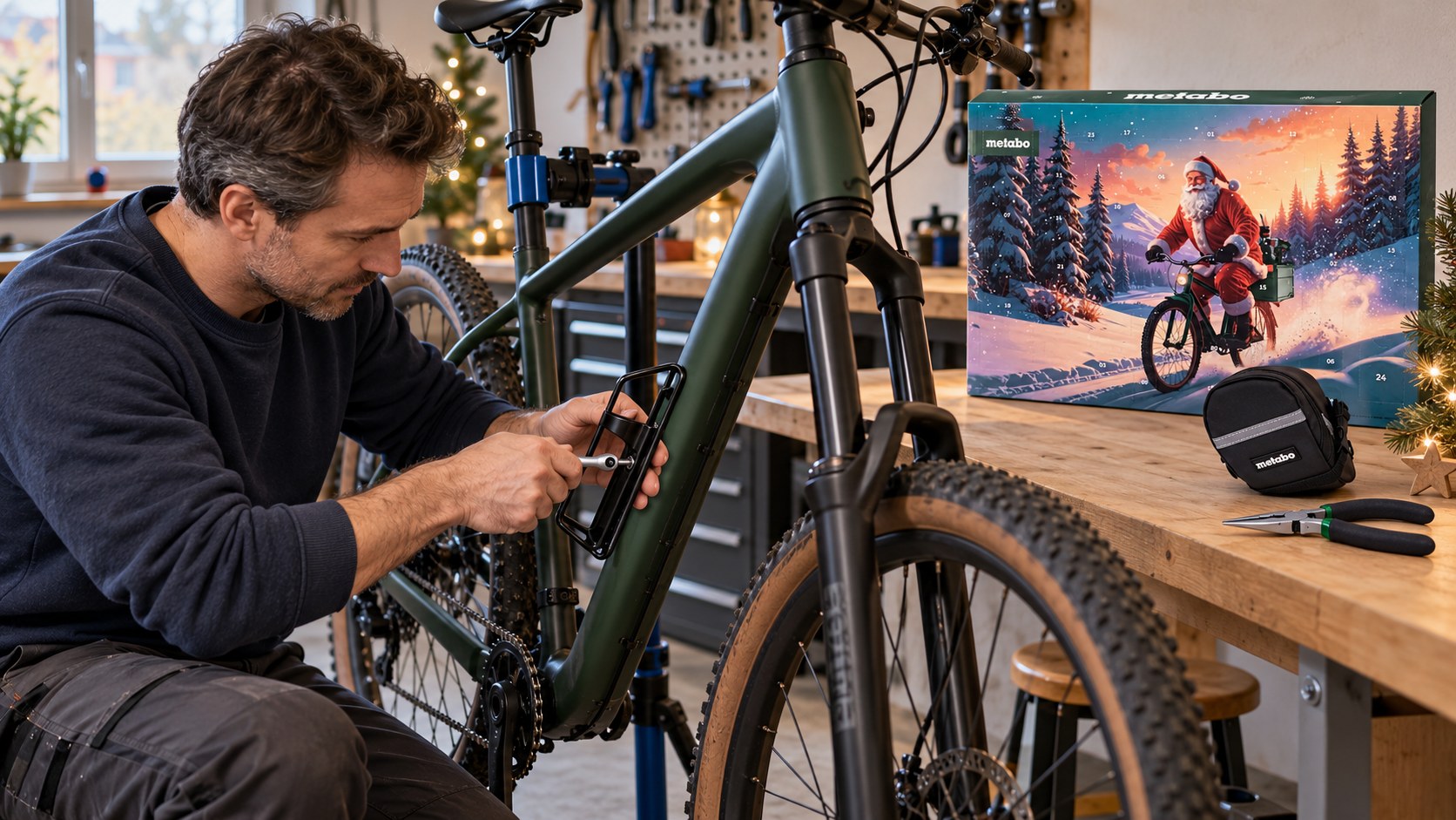 Cyklista při údržbě kola v dílně s adventním kalendářem Metabo