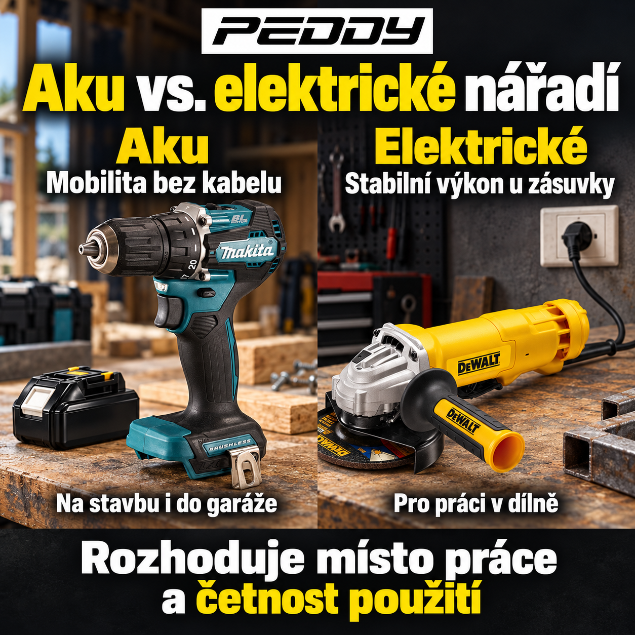 Srovnání aku a elektrického nářadí podle místa práce a četnosti použití