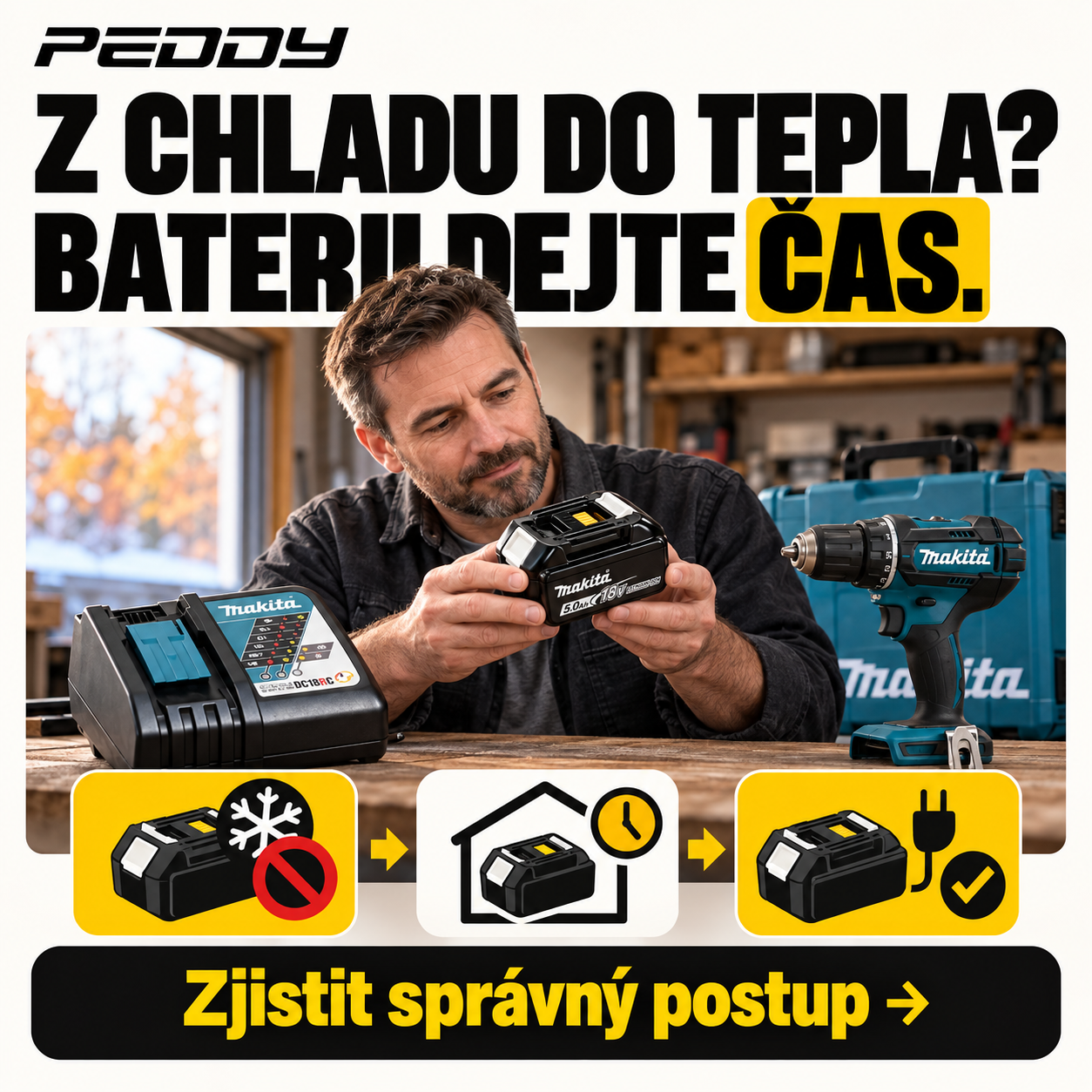 Baterii po přenesení z chladu nechte temperovat před nabíjením