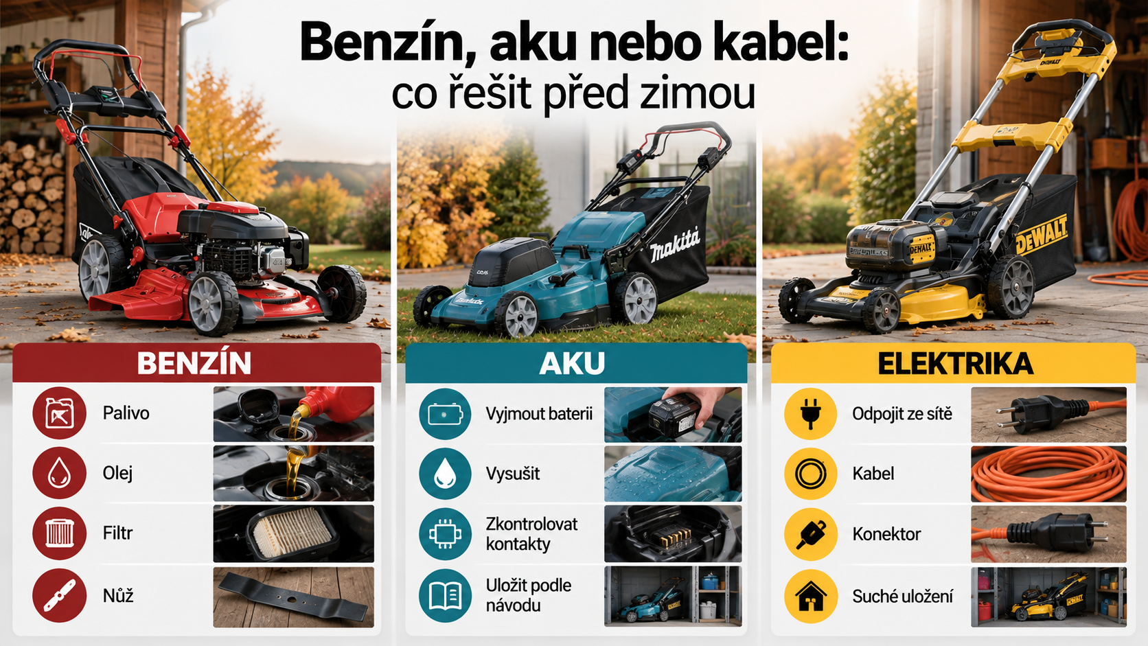 Péče před zimou podle benzínového, aku a elektrického pohonu