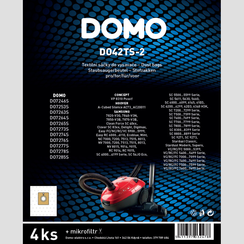 DO42TS-2 Sáčky do vysavače textilní 4ks 3-4 l DOMO