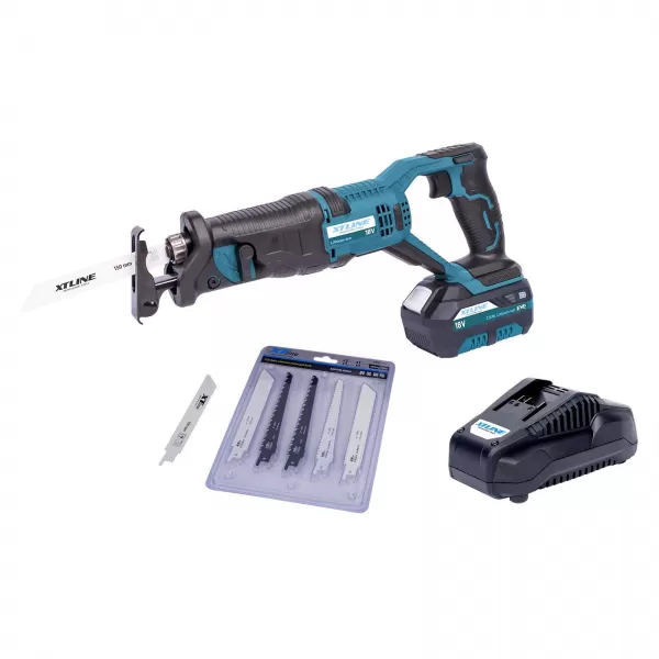 Aku mečová pila 18V 2x 2,0Ah + nabíječka 2.4 A + pilové plátky + box Xtline XT102730-2B2B