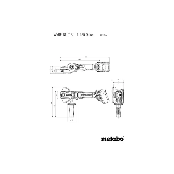 Aku úhlová bruska s plochou hlavou 18V bez aku WVBF 18 LT BL 11-125 Quick Metabo 601307840
