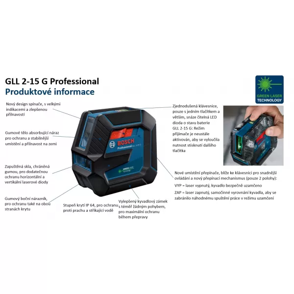 Křížový laser BOSCH GLL 2-15 G zelený (IP64) 0 601 063 W00