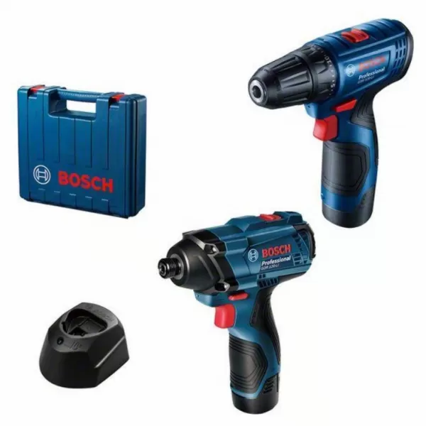 Aku profi sada vrtací šroubovák GSR 120-Li + aku rázový utahovák GDR 120-Li + 2×GBA 12V 2.0Ah + GAL 1210 CV Bosch 06019G8023