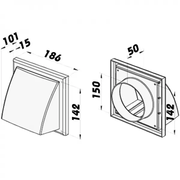 PVC větrací mřížka se stříškou, přírubou a klapkou 186x186 mm / O 150 mm, bílá DALAP 2024