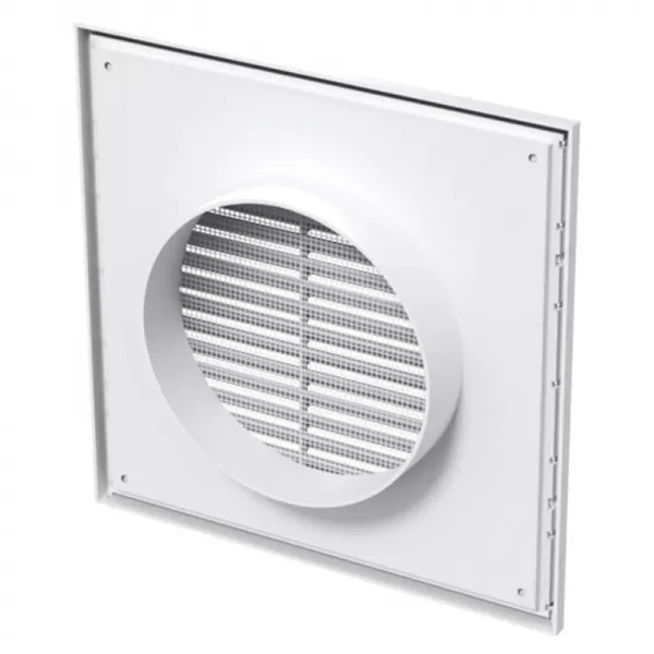 PVC větrací mřížka se síťkou, pevnou žaluzií 250x250 mm a přírubou Ø 150 mm, bílá DALAP 241