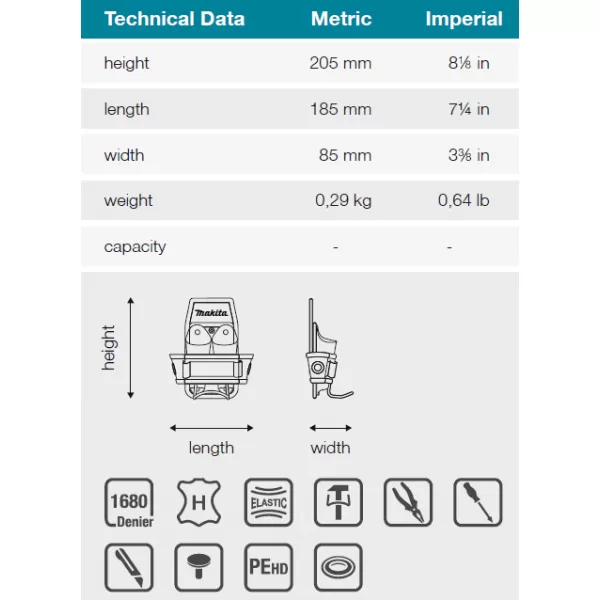 Brašna na nářadí a kladivo 185x85x205mm Makita E-15285