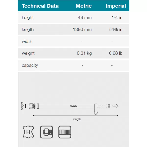 Opasek kožený černý 1380x48mm Makita E-15693