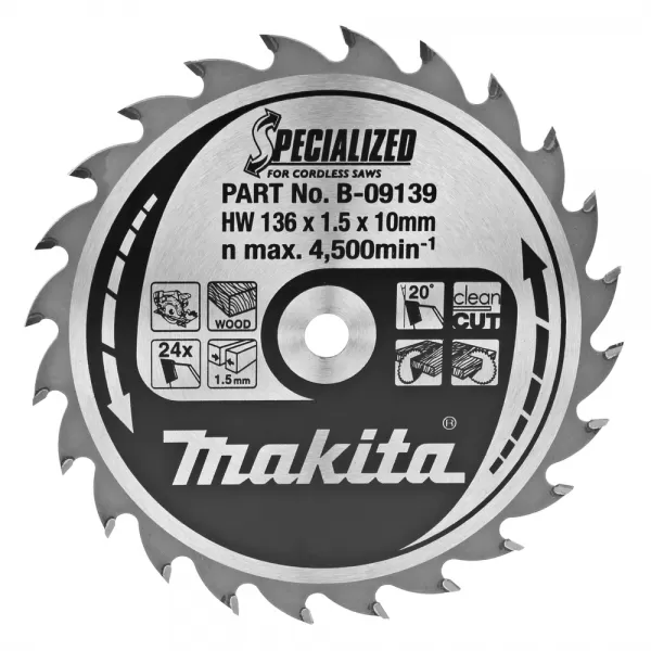 Kotouč pilový dřevo SPECIALIZED 136x1.5x10mm 24Z pro aku pily Makita B-09139