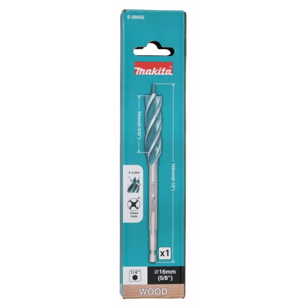 Vrták do dřeva čtyřbřitý šestihran 1/4" 16x165mm Makita E-26652