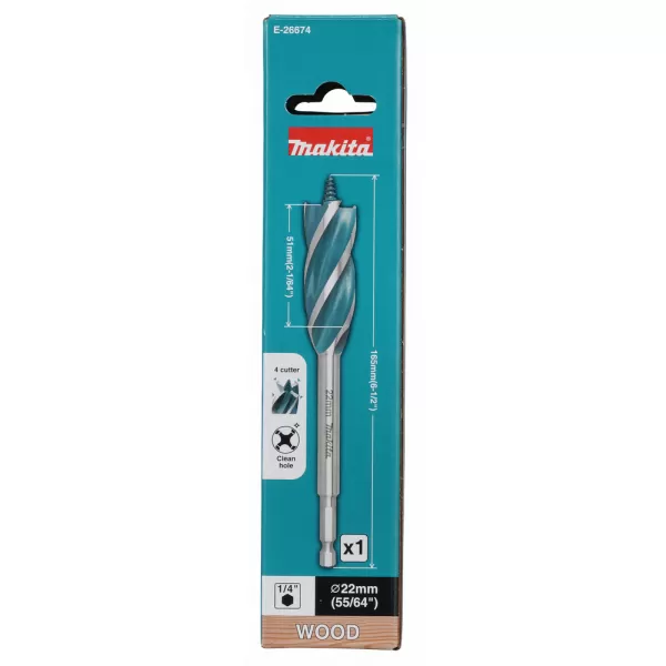 Vrták do dřeva čtyřbřitý šestihran 1/4" 22x165mm Makita E-26674