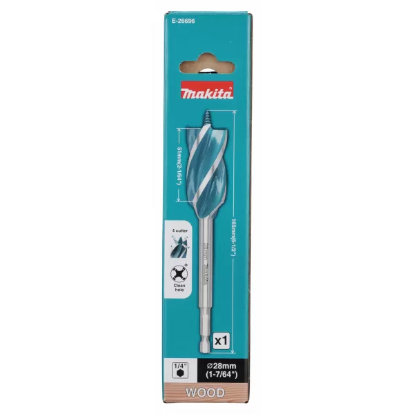 Vrták do dřeva čtyřbřitý šestihran 1/4" 28x165mm Makita E-26696