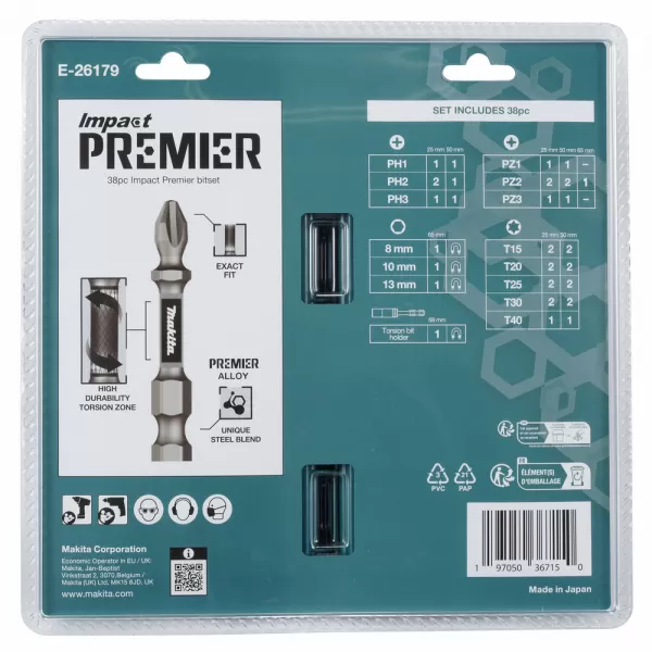 Sada bitů 1/4" Impact Premier, 38 ks v plastovém obalu Makita E-26179