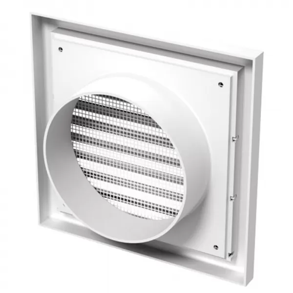 PVC větrací mřížka se síťkou, pevnou žaluzií 186x186 mm a přírubou Ø 125 mm, bílá DALAP 3190