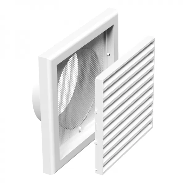 PVC větrací mřížka se síťkou, pevnou žaluzií 154x154 mm a přírubou Ø 100 mm, bílá DALAP 3252