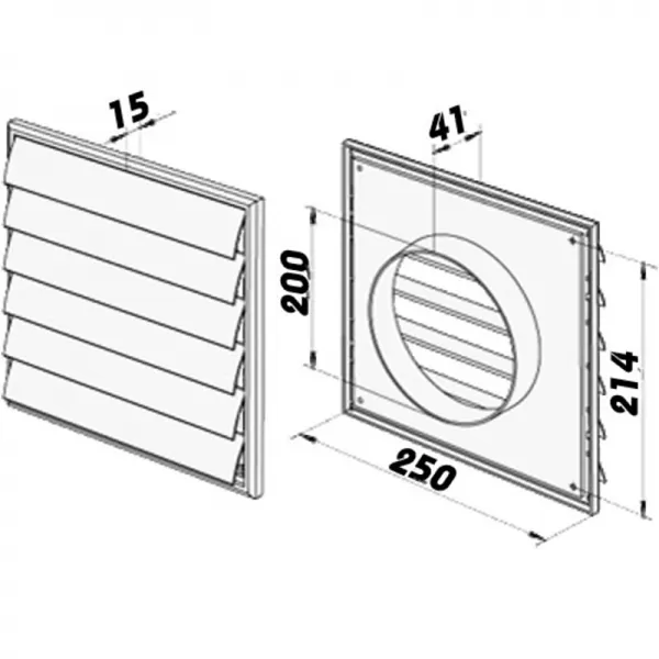 PVC větrací mřížka s přírubou a samotížnou žaluzií, 250x250 mm / Ø 200 mm, bílá DALAP 3250