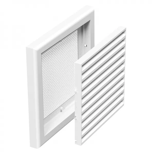 PVC větrací mřížka bez příruby s pevnou žaluzií a síťkou 186x186 mm, bílá DALAP 3247