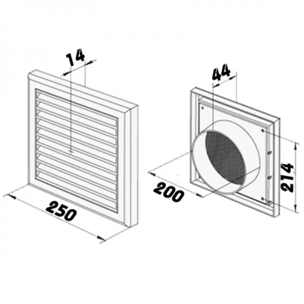 PVC větrací mřížka s mechanicky ovládanou žaluzií 250x250 mm a přírubou Ø 200 mm, bílá DALAP 3262