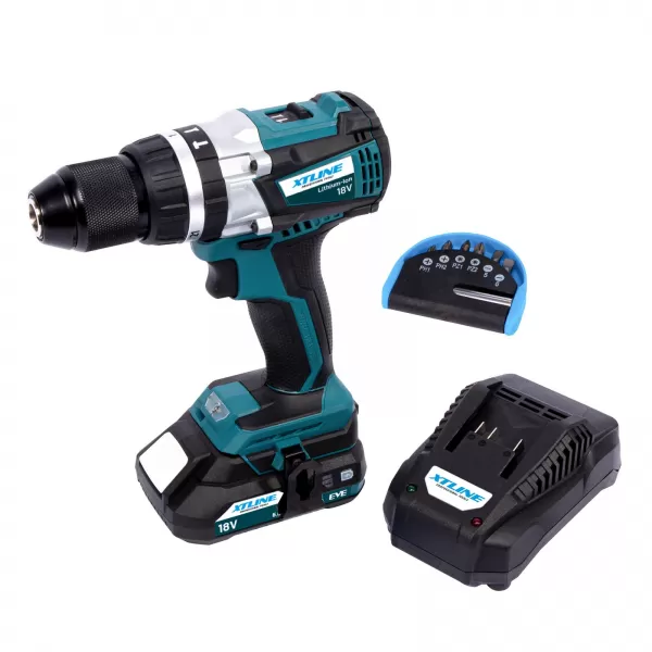 Aku vrtačka s příklepem bezuhlíková 18V 1x2,0Ah + nabíječka + box XTLINE XT102800-1B2B