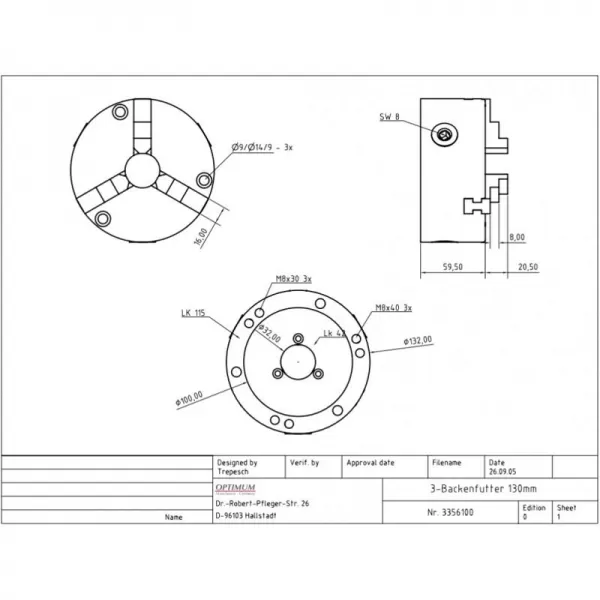 3-čelisťové sklíčidlo 125 mm k RT 150 OPTIMUM 3356100