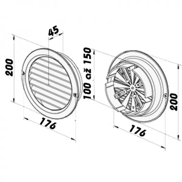 PVC větrací mřížka s přírubou a mechanicky ovládanou žaluzií Ø 100 až 150 mm, bílá DALAP 349