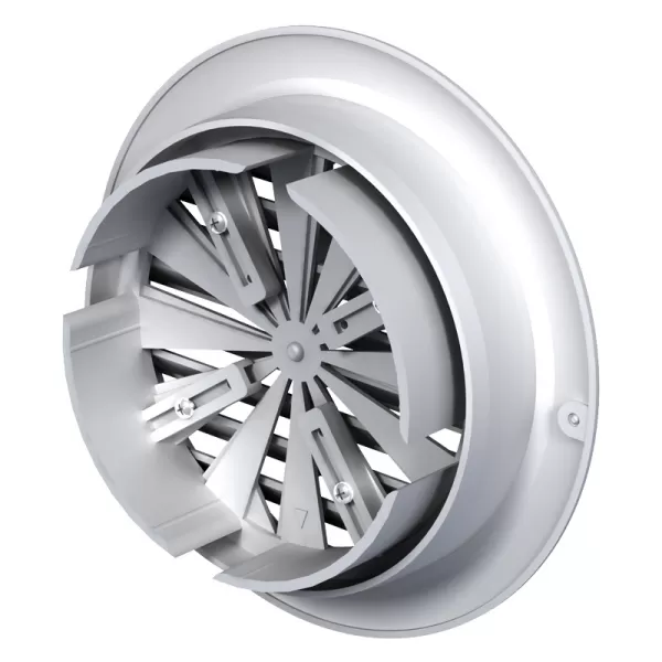 PVC větrací mřížka s přírubou a mechanicky ovládanou žaluzií Ø 100 až 150 mm, bílá DALAP 349