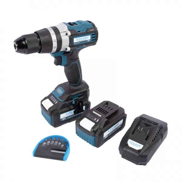 Aku vrtačka s příklepem bezuhlíková 18V 2x5,0 Ah + nabíječka + box XTline XT102805-2B5B