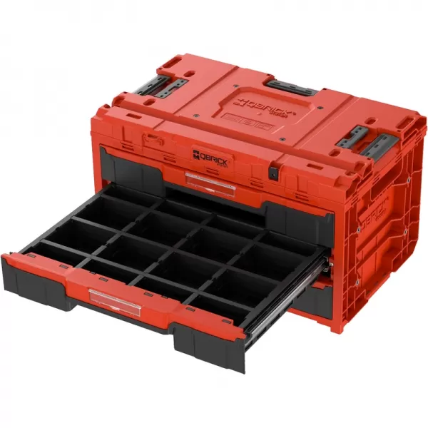 Box plastový s organizérem plastový QBRICK ONE Drawer 3 Toolbox 2.0 Red Ultra HD Custom, 2 zásuvky 587x380x340 mm P90722