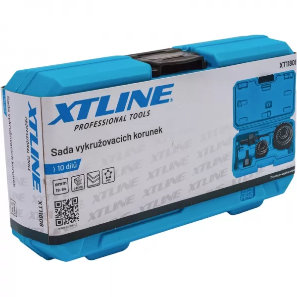Sada vykružovacích korunek 10 dílů 19-64 mm, plastový box XTline XT11808