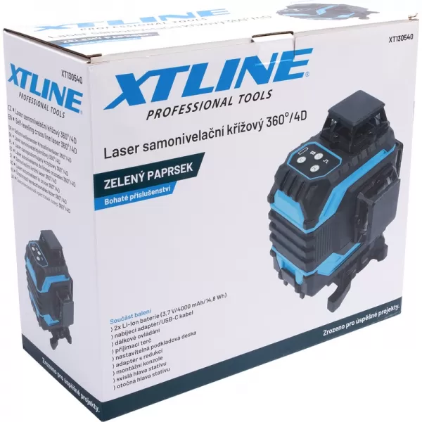 Laser samonivelační křížový 360° + příslušenství, zelený paprsek Xtline XT130540