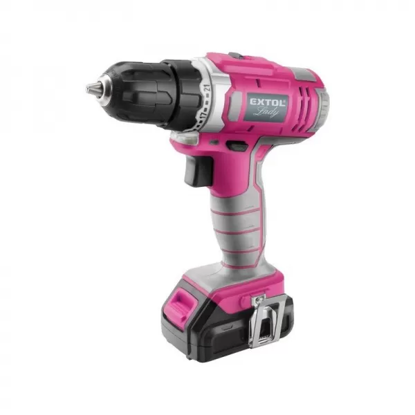 Aku vrtací šroubovák růžový 12V Li-ion 1,3Ah, sada vrtáků v tašce EXTOL LADY 402401
