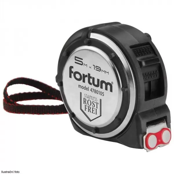 Svinovací metr nerez 5m x 19mm s magnety na háčku, pryžový obal FORTUM 4780105