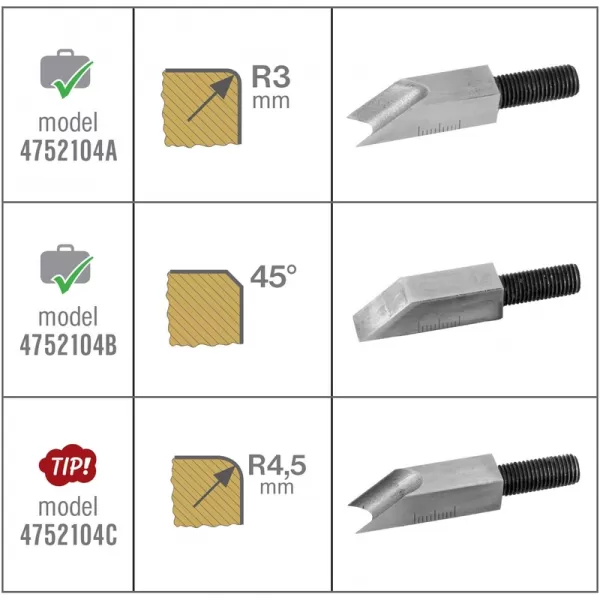 Hoblík na srážení hran nastavitelný, 2nožové profily (45°- R3mm/1/8") FORTUM 4752104