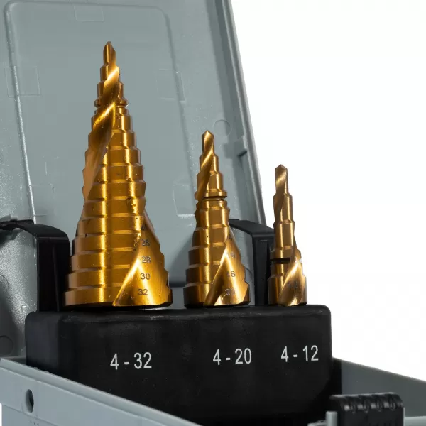 Sada stupňovitých vrtáků HSS TiN 3 díly 4-32 mm, plastový obal Xtline XT35500