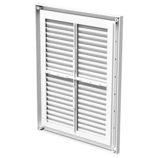 PVC větrací mřížka bez příruby s pevnou žaluzií a síťkou 299x221 mm, bílá DALAP 5342