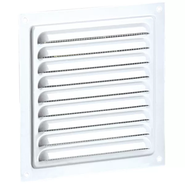 Kovová ventilační mřížka bez příruby s pevnou žaluzií a síťkou 125x125 mm, bílá DALAP 547