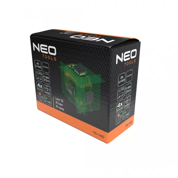 Laser 3D, 25 m, 12 čar, zelený, magnetický držák, kufr NEO tools 75-140