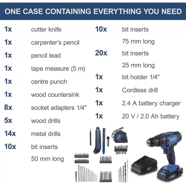 Aku vrtačka 20V/2,0Ah s příslušenstvím 74ks C-DTB74/1-X IXES Scheppach 5909315900