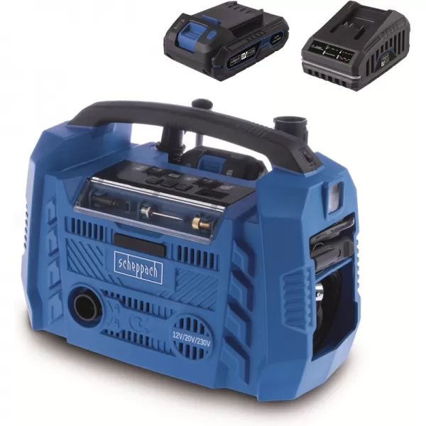 Hybridní kompresor 20V IXES aku / 12V / 230 V + 2,0Ah + 2,4A Scheppach Air Force 6-SET S