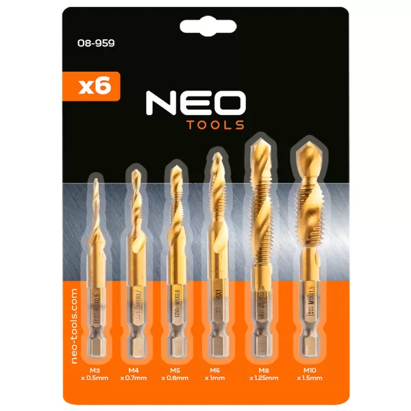 Sada vrtáků HSS TiN závitových M3.0-M10,Hex 6 ks NEO tools 08-959