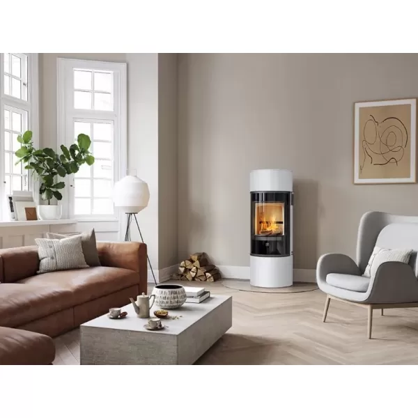 Krbová kamna skleněná dvířka, černá klička SCAN 84-1 MODERN bílý lak