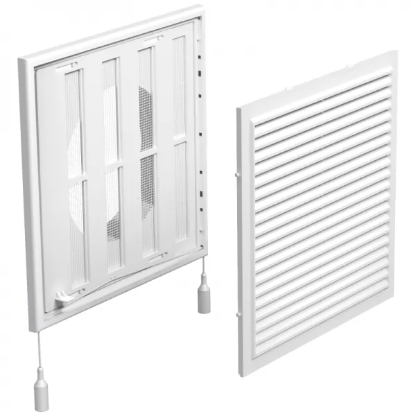 PVC větrací mřížka s mechanicky ovládanou žaluzií 250x250 mm a přírubou Ø 150 mm, bílá DALAP 8533