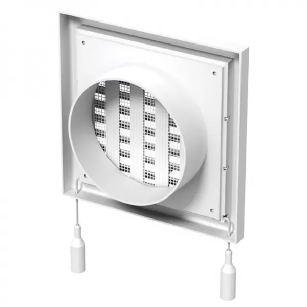 PVC větrací mřížka s mechanicky ovládanou žaluzií 154x154 mm a přírubou Ø 100 mm, bílá DALAP 8501