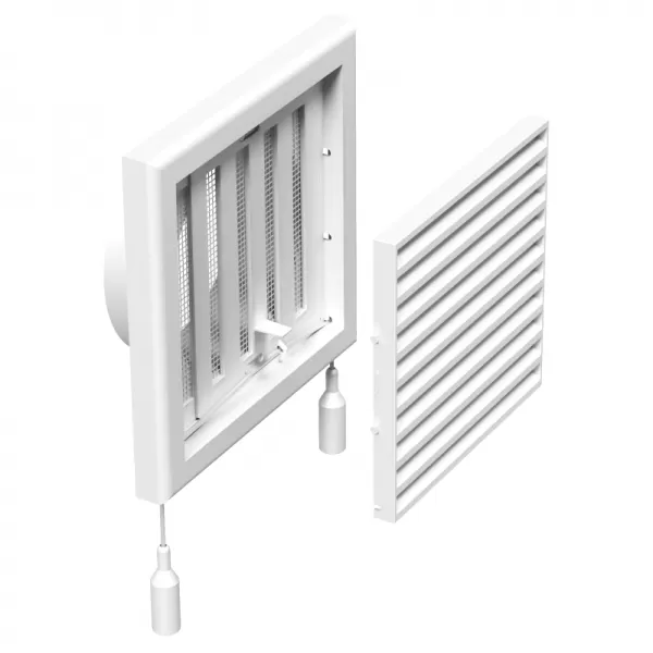 PVC větrací mřížka s mechanicky ovládanou žaluzií 154x154 mm a přírubou Ø 100 mm, bílá DALAP 8501