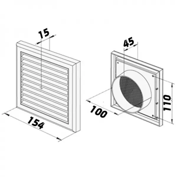 PVC větrací mřížka s mechanicky ovládanou žaluzií 154x154 mm a přírubou Ø 100 mm, bílá DALAP 8501