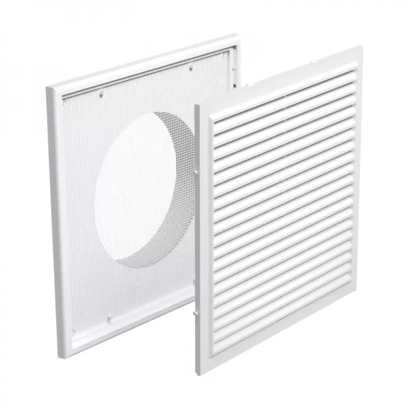 PVC větrací mřížka se síťkou, pevnou žaluzií 186x186 mm a přírubou Ø 150 mm, bílá DALAP 8500