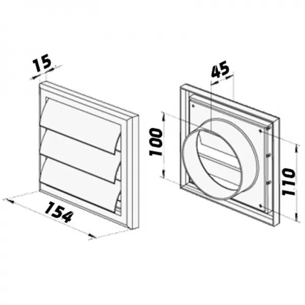 PVC větrací mřížka s přírubou a samotížnou žaluzií, 154x154 mm / O 100 mm, hnědá DALAP 8681