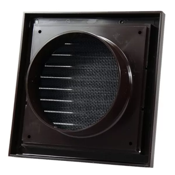 PVC větrací mřížka se síťkou, pevnou žaluzií 186x186 mm a přírubou Ø 125 mm, hnědá DALAP 8680